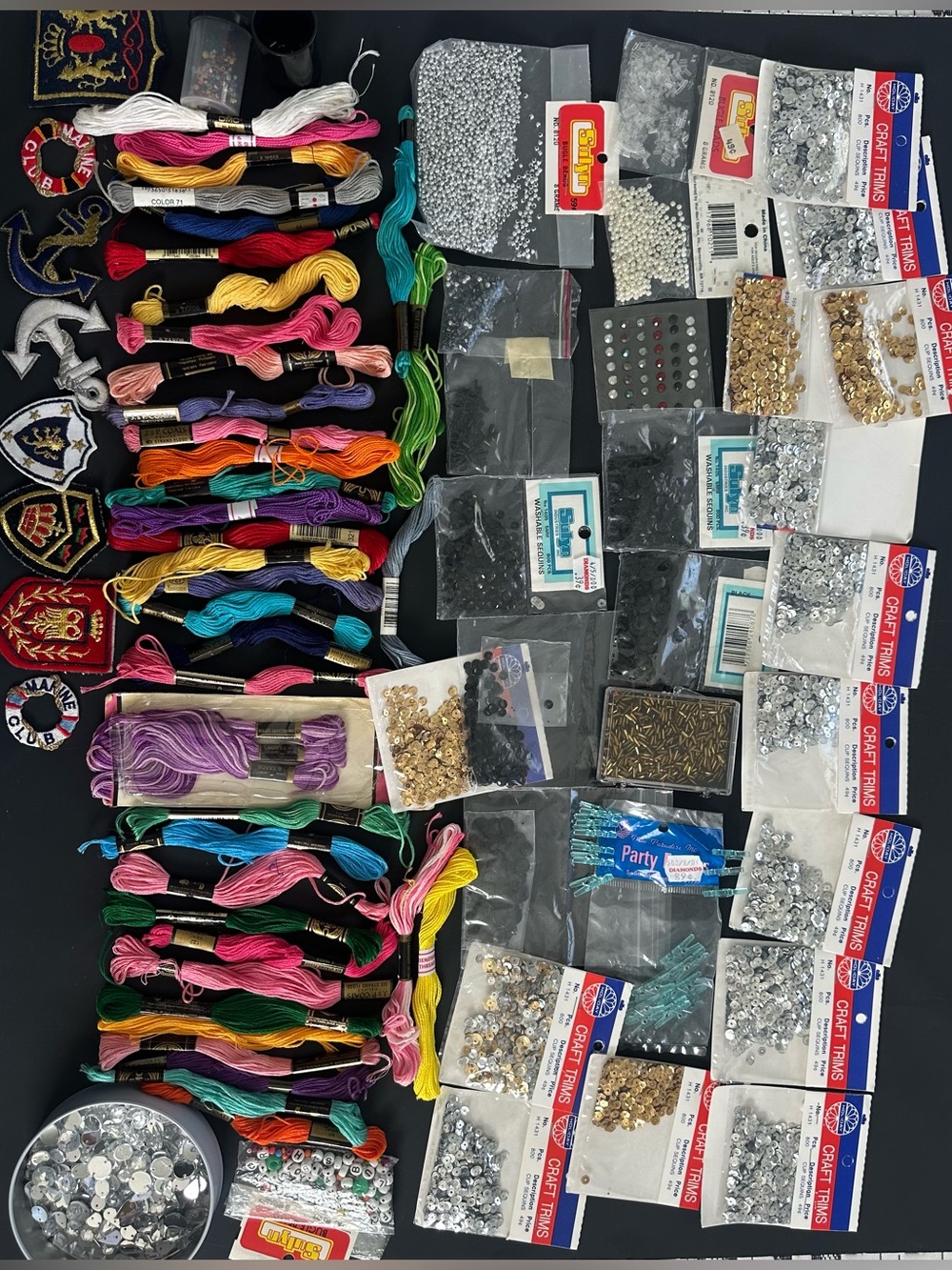 Assorted Craft Lot: Embroidery Thread, Sequins, and Patches